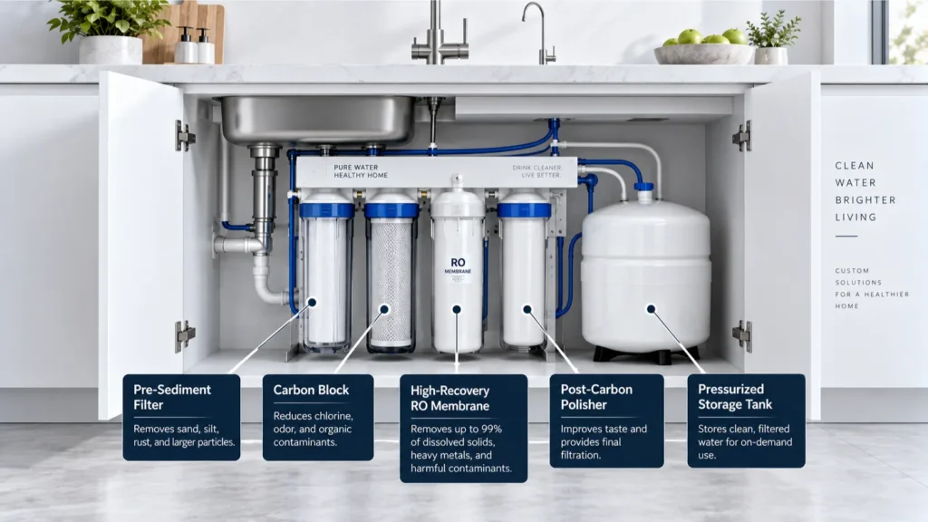 Under-sink anatomy of a custom-installed residential RO system by McCowin Water