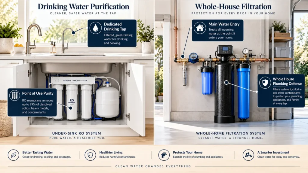 Custom-installed residential RO system versus whole-home filtration matrix by McCowin Water