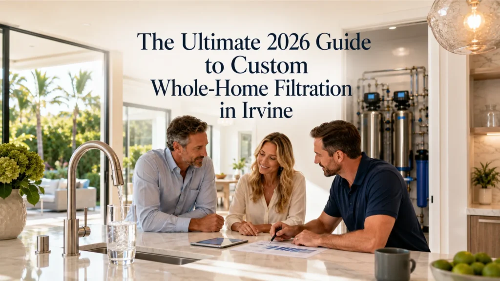 Custom Whole-Home Filtration System guide showing professional water treatment consultation in an Irvine home