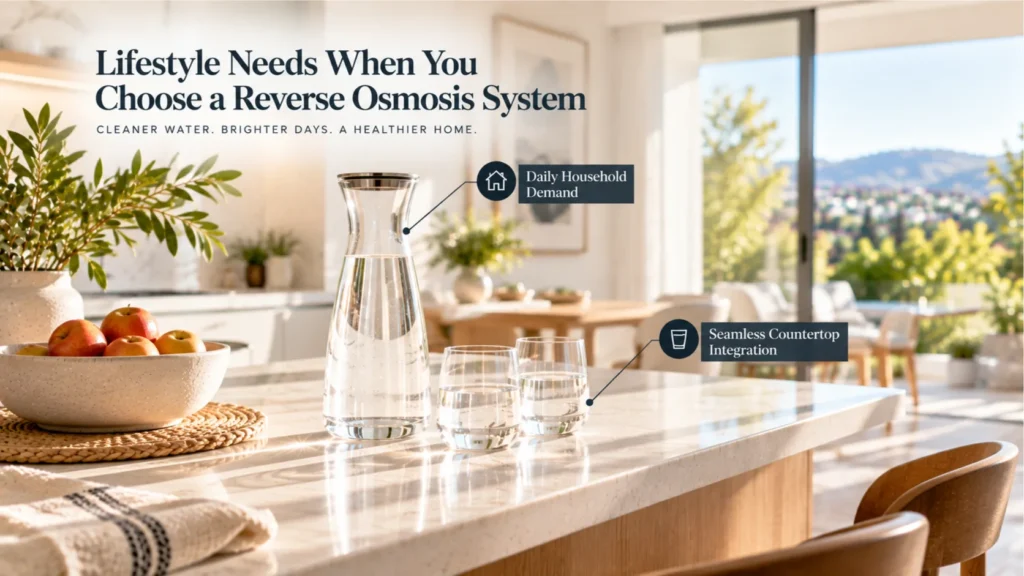 A sunlit kitchen counter featuring a glass carafe and elegant drinkware, illustrating lifestyle needs when homeowners choose a reverse osmosis system.