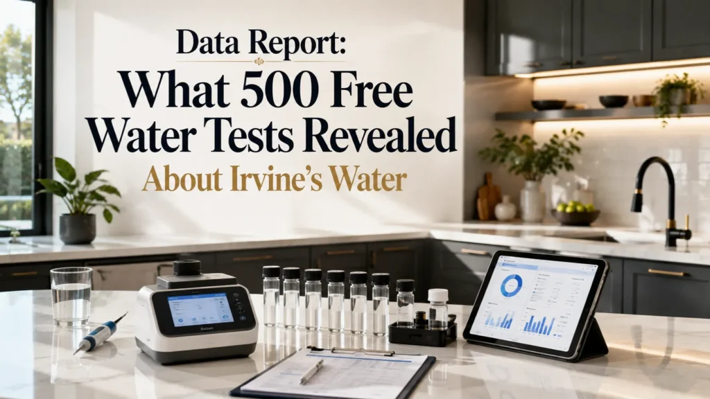 Data report graphics and diagnostic testing equipment for an in-home water test in Irvine.
