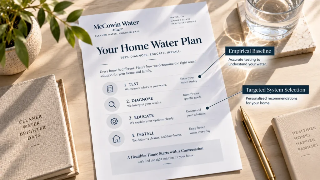Overhead view of a professional water test report and mineral hardness chart helping homeowners evaluate water softener vs filtration vs RO options.