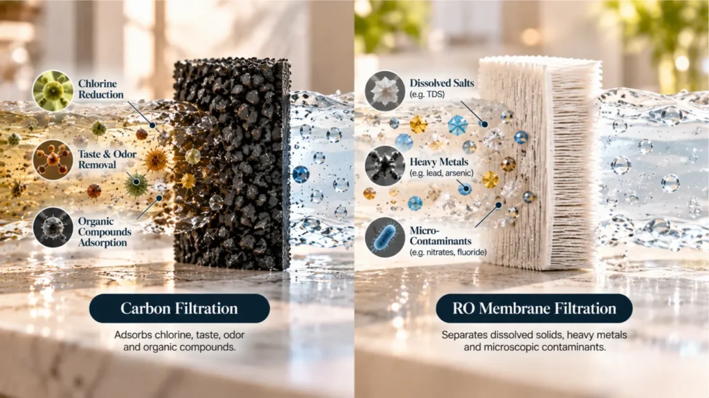 A material texture comparison of porous carbon fibers and dense separation barriers showing how dual technologies work together in RO vs carbon filtration.