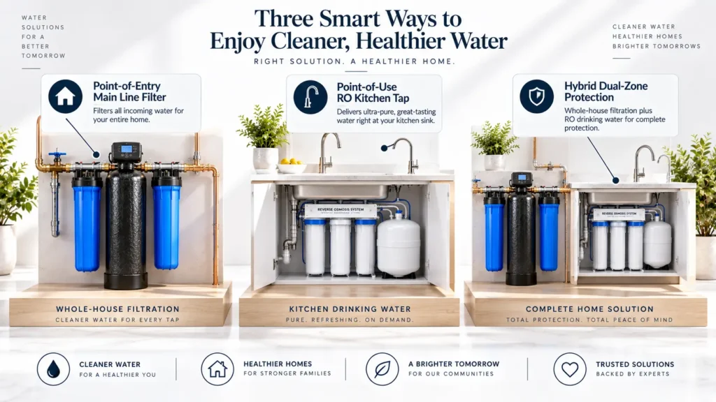 Matrix comparing whole-home filtration and point-of-use RO configurations in Orange County by McCowin Water