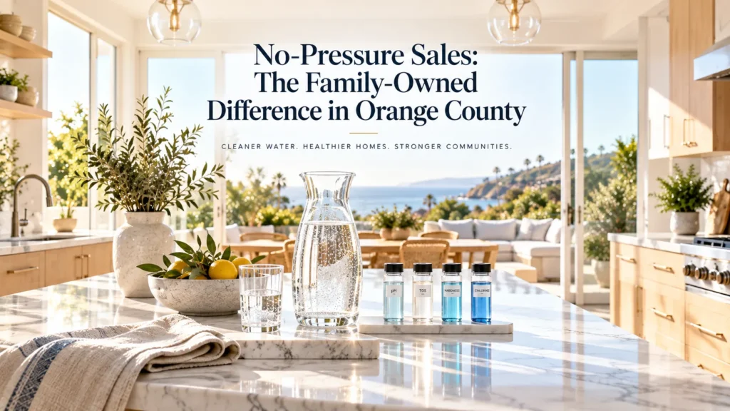 Family-owned water treatment consultation hero banner for whole-home RO providers in Orange County.