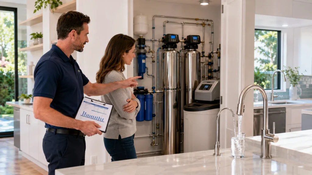 Free in-home water test in Irvine guiding the choice between filtration, softening, and reverse osmosis