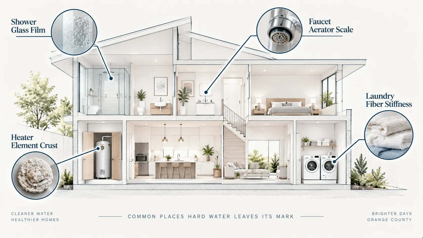 Diagram illustrating mineral scale accumulation on home fixtures from hard water.