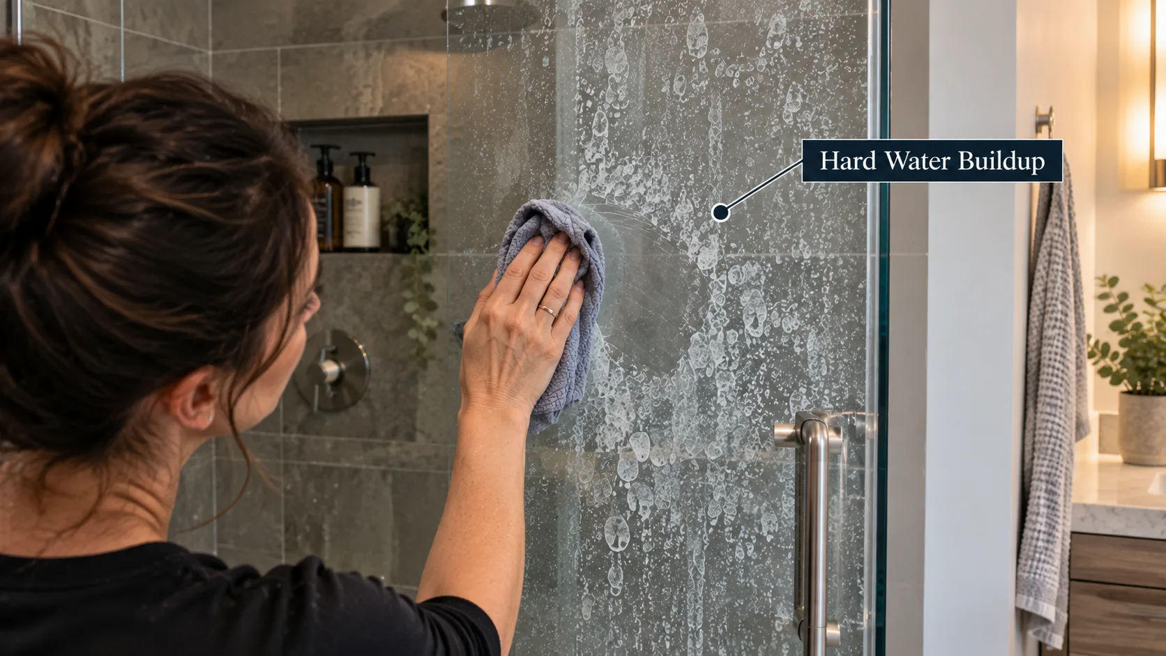 Close-up of hard water spots and mineral buildup on shower glass.