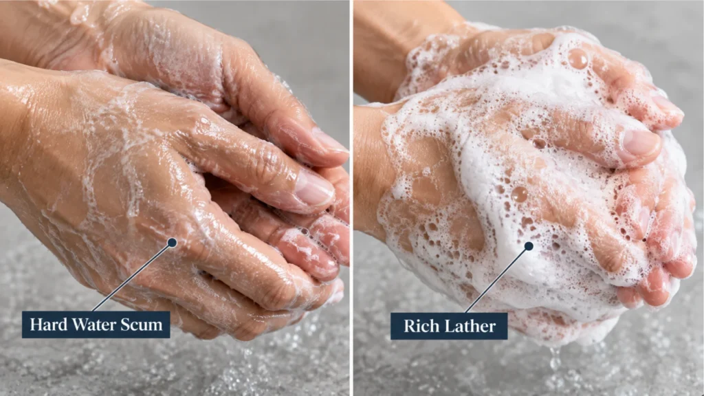 Side-by-side macro comparison showing thin soap scum from hard water next to rich lather from softened water.