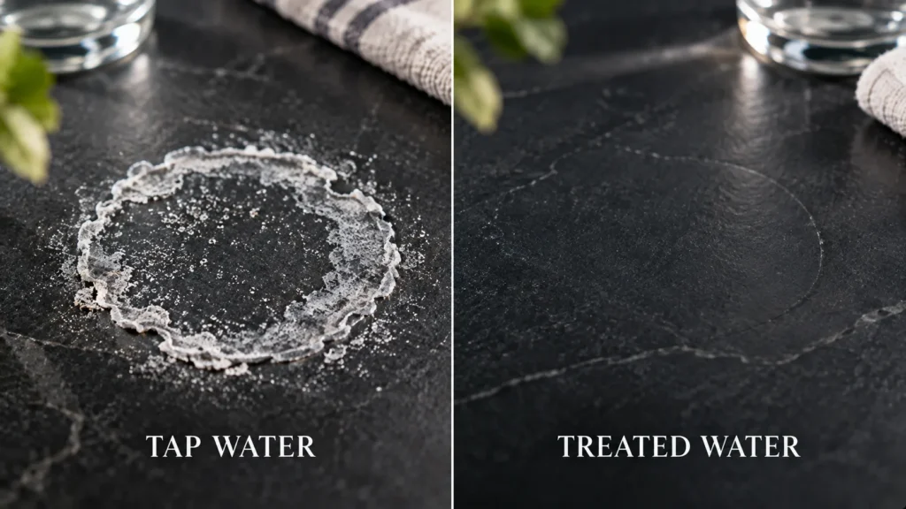 Side-by-side macro comparison showing a white calcium ring left by evaporated California tap water next to a clean spot from treated water.