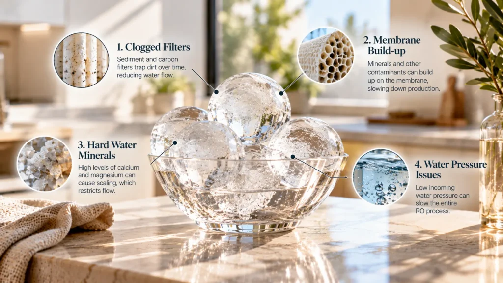 Sculptural, crystal-clear ice spheres in a designer glass bowl on a sunlit counter, demonstrating how appliance performance depends on resolving a slow reverse osmosis system.