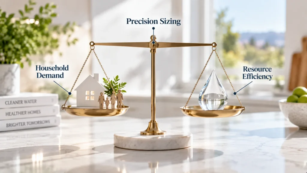 Visual metaphor depicting balanced household water usage and proper capacity sizing for home water softening.