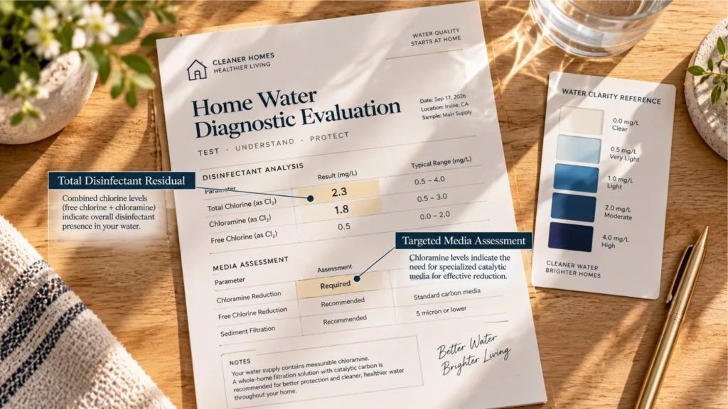 Overhead view of a home water diagnostic report evaluating chloramine levels in drinking water.