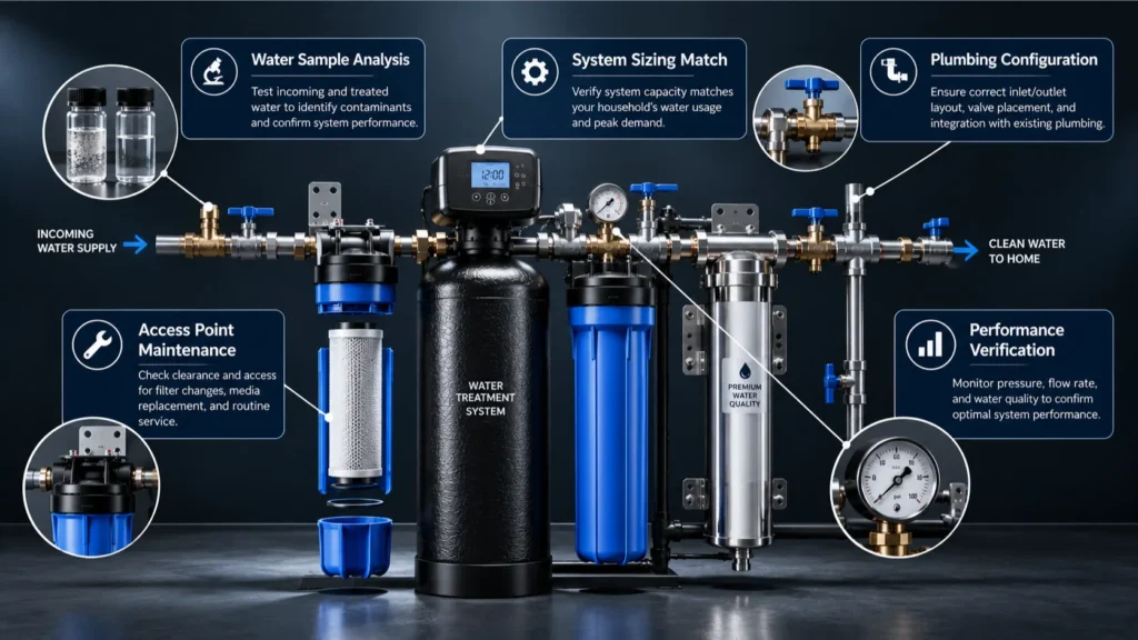 Diagnostic checklist diagram for evaluating a local filtration installer in Orange County.