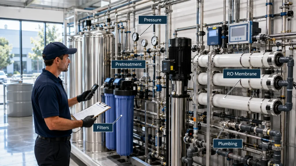 Irvine Commercial Water Treatment Expert inspecting filters, pressure, pretreatment, and RO components