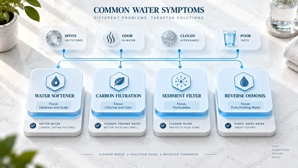 Irvine water treatment system comparison decision matrix comparing water softeners, carbon filtration, and reverse osmosis