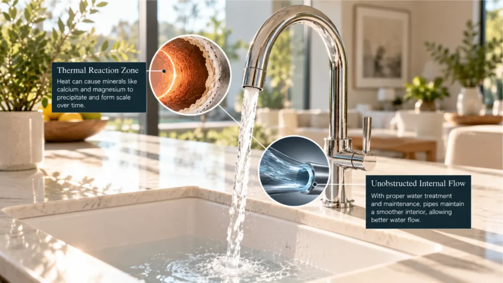 A polished chrome faucet pouring water in a luxury Irvine kitchen, illustrating household protection against mineral buildup in water pipes.