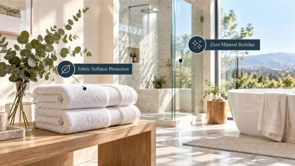 A stack of plush organic cotton towels on a white oak bathroom bench, demonstrating the textile benefit when understanding what does a water softener remove.