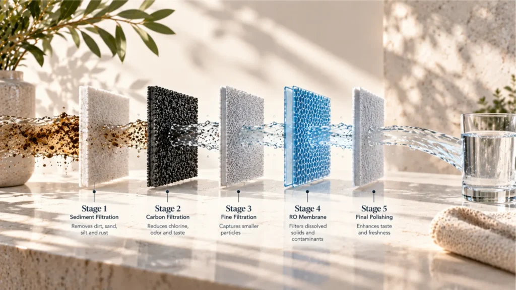 A macro texture study of physical filter media layers demonstrating the sequential process behind asking how many stages does an RO system have.