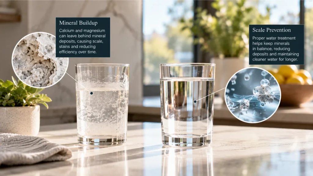 Educational comparison showing mineral buildup in water pipes from calcium and magnesium versus cleaner water with reduced scale deposits, illustrating how water treatment can help prevent mineral buildup and maintain water quality.  