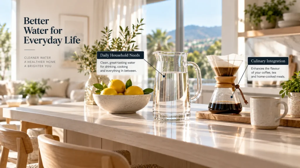 A sun-drenched breakfast island with fresh produce and clean drinking water, illustrating lifestyle considerations when you choose a water treatment system.