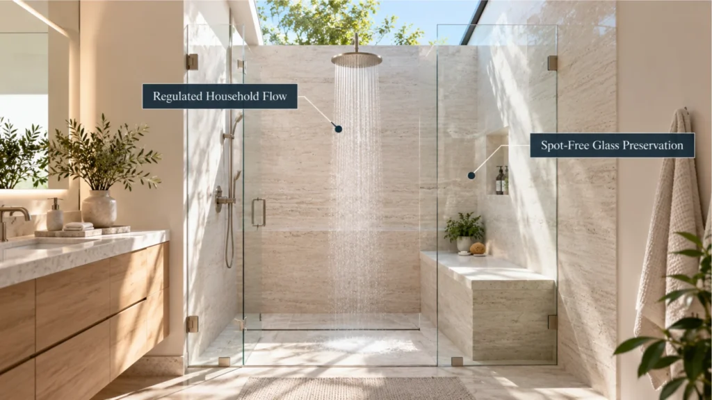 A sunlit luxury shower enclosure with spot-free glass, demonstrating balanced household consumption to prevent a water softener using too much salt.