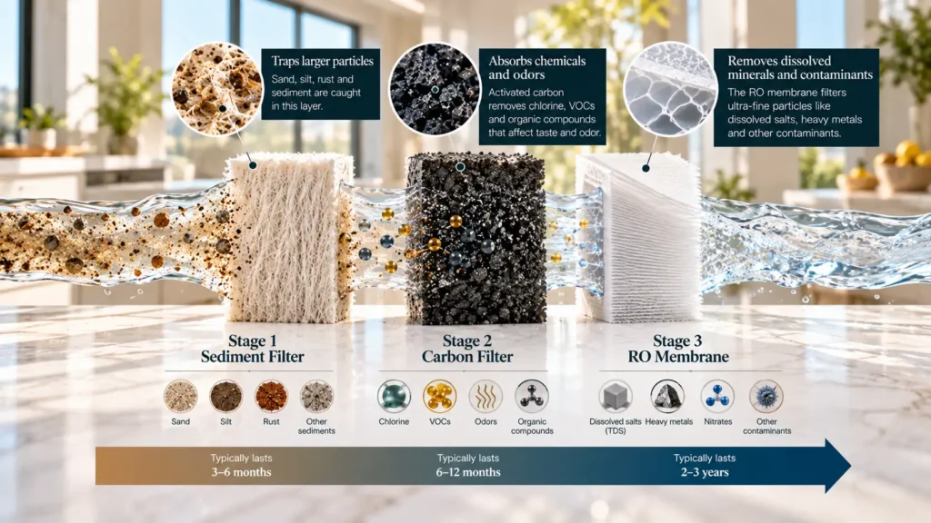 A macro texture comparison of physical sediment, carbon, and membrane materials illustrating how each stage affects the overall reverse osmosis filter lifespan.