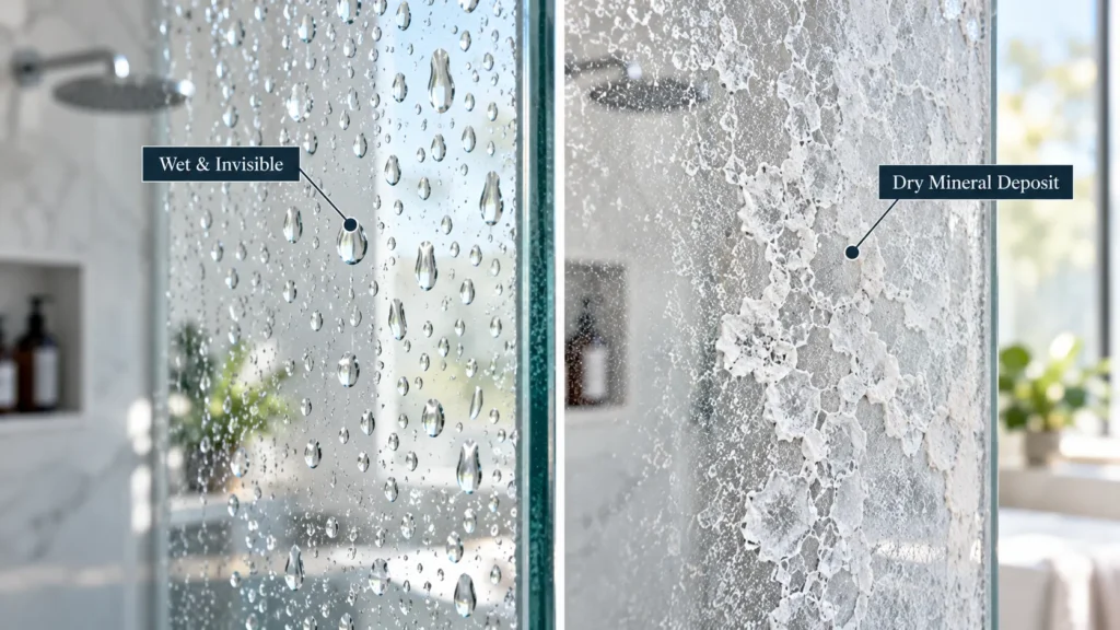 Macro texture contrast on glass, showing invisible minerals in wet water vs. chalky dry deposits, illustrating when municipal water filtration (softening) is required.