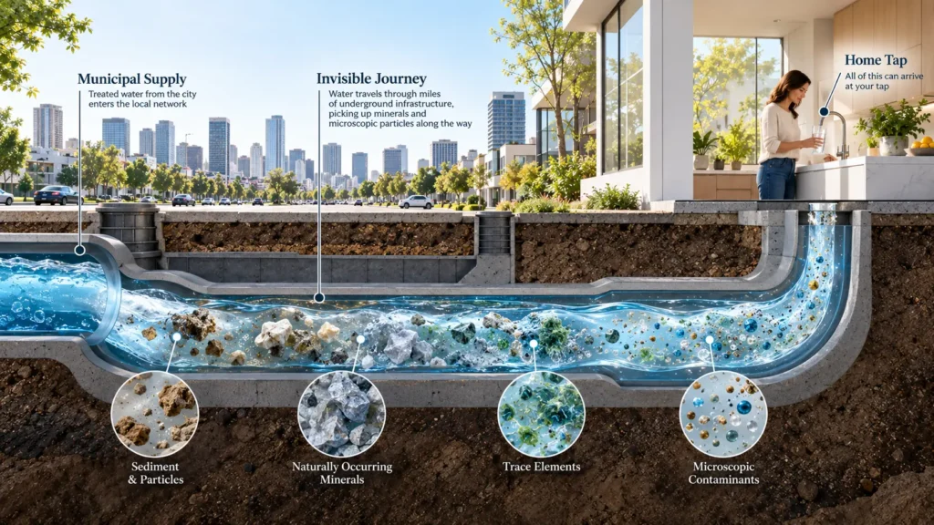 A subterranean cutaway view of dynamic, glowing city water lines visualizing the invisible journey of water to a home tap, relevant to municipal water filtration.