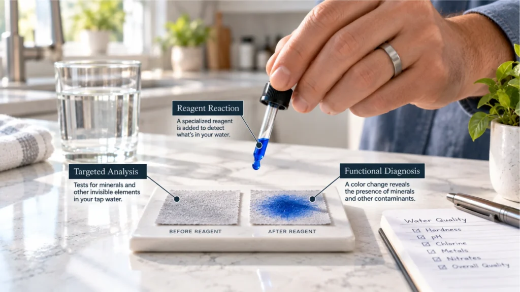 A close-up of a human hand using a targeted indigo diagnostic reagent droplet on textured cloth to identify functional water needs for municipal water filtration.