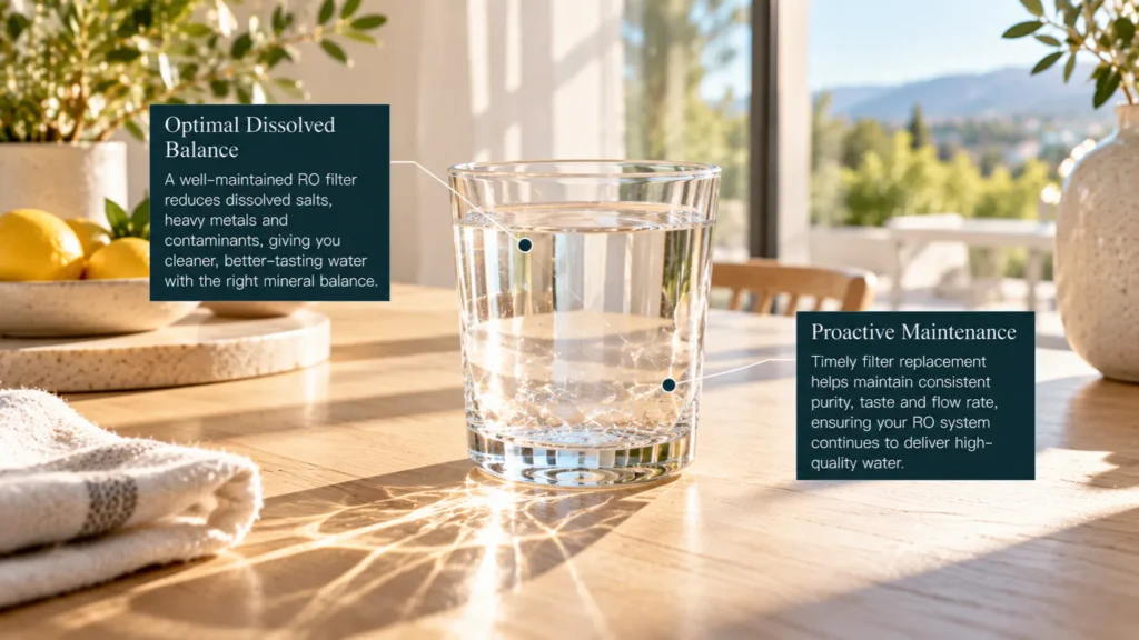 Morning sunlight refracting through a crystal glass of pure water on white oak, illustrating the visual outcome of managing your reverse osmosis filter lifespan.