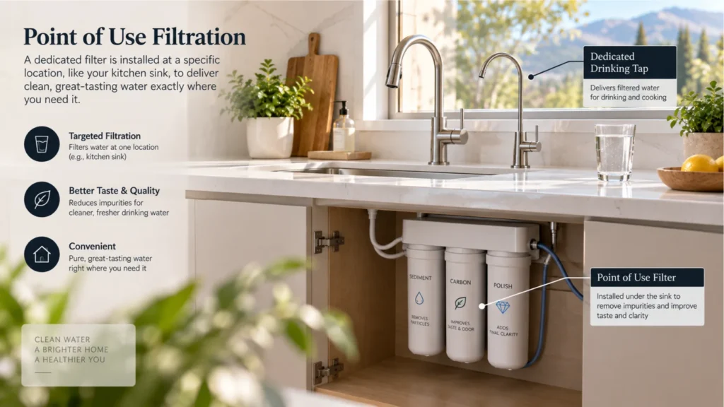 A sleek brushed nickel beverage faucet pouring purified water into a glass carafe, illustrating the end result when deciding how many stages does an RO system have.