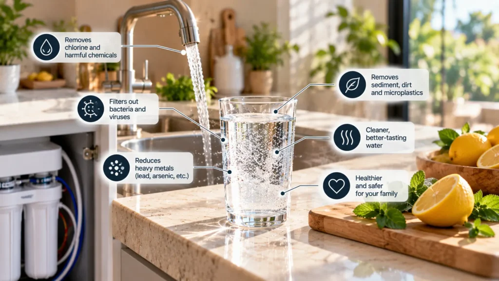 A sleek brushed nickel drinking faucet beside a glass carafe on a quartz counter, demonstrating the daily drinking water benefits of what does reverse osmosis remove.