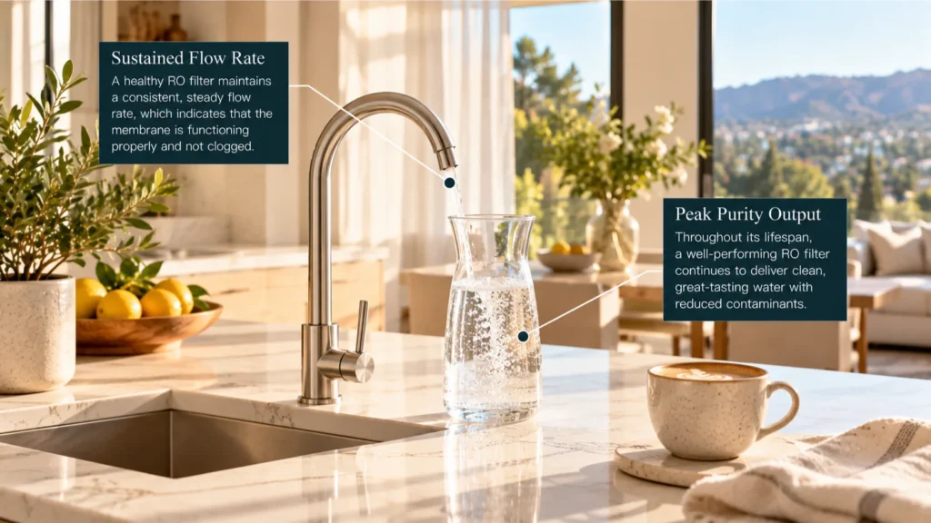 A clear glass carafe resting beside a minimal drinking faucet on a sunlit counter, demonstrating optimal water flow during a healthy reverse osmosis filter lifespan.