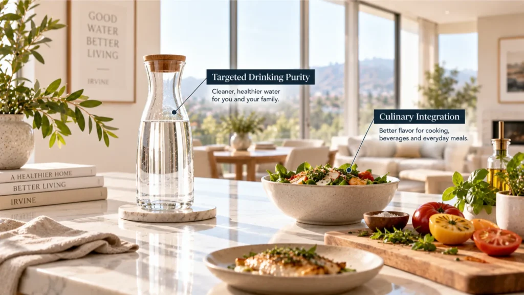 A glass carafe of purified water alongside fresh coffee on a quartz countertop, highlighting the targeted drinking water role in a water softener vs filtration vs RO comparison.