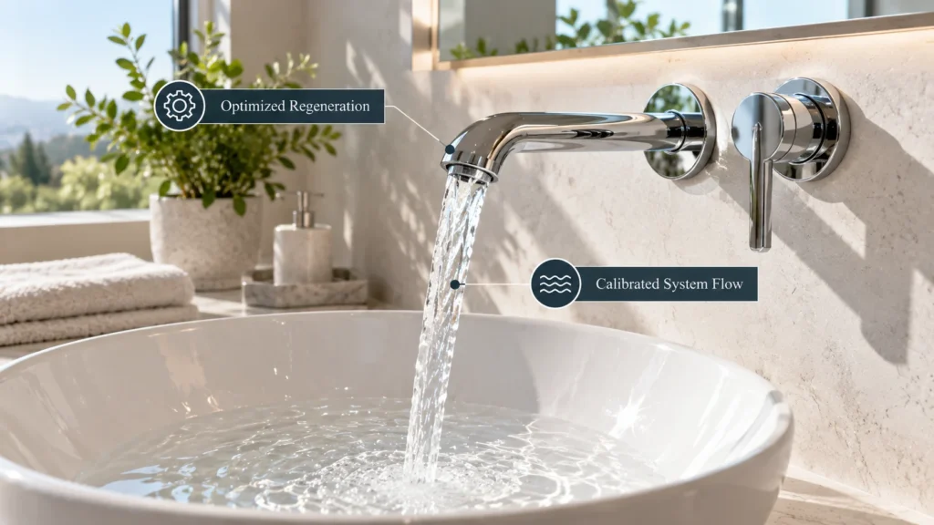 A polished chrome bathroom faucet pouring water smoothly, illustrating the efficiency achieved after troubleshooting a water softener using too much salt.
