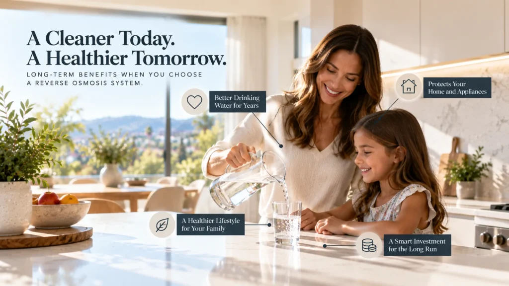 Mother and daughter enjoying clean drinking water in a sunlit Irvine kitchen, illustrating the long-term benefits of choosing a reverse osmosis system for healthier living, home protection, and lasting value.