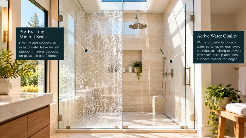 Sunlit frameless glass shower enclosure in a California master bath, distinguishing old deposits from new soft water performance when water is still hard after water softener checks.