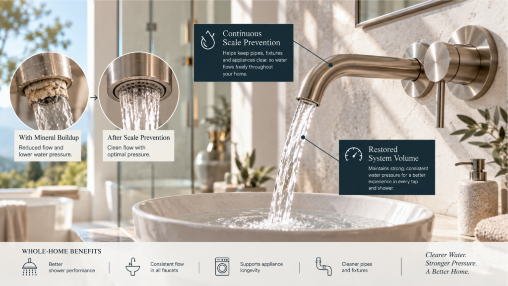 A sleek chrome bathroom faucet with a smooth water stream, illustrating whole-home protection when evaluating can mineral buildup cause low water pressure.