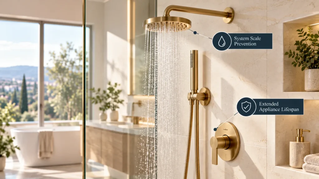 Pristine brushed gold plumbing fixtures in a modern Irvine bathroom, showing long-term protection when evaluating can hard water damage your water heater.