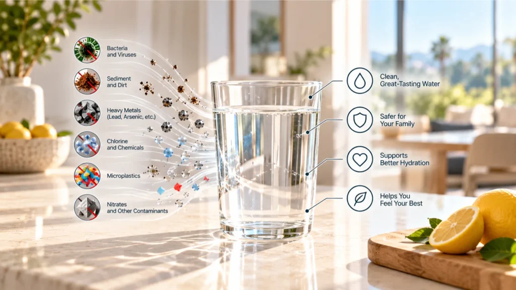 Natural sunlight refracting through a crystal glass of pure water on white oak, displaying the visual purity achieved when evaluating what does reverse osmosis remove.