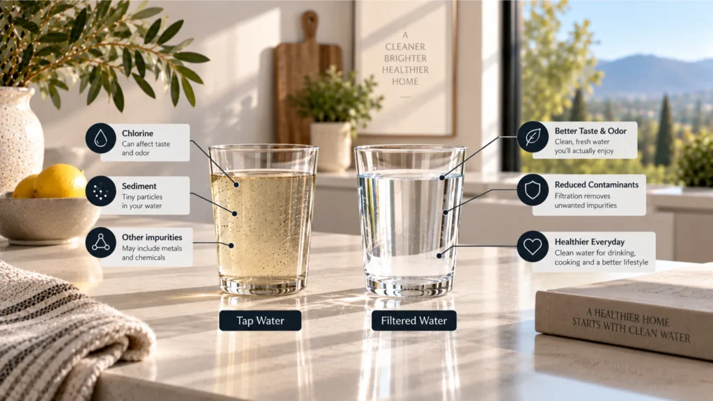 Natural morning sunlight refracting through a crystal glass of purified water, showing the ultimate outcome of choosing how many stages does an RO system have.