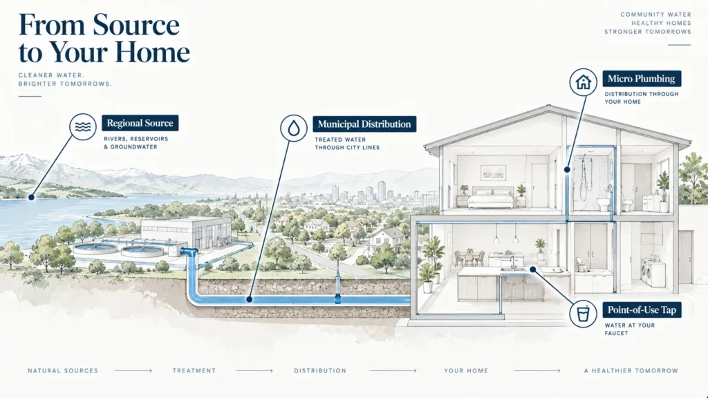 Spatial architectural diagram tracing water distribution from regional California sources down to individual household taps.