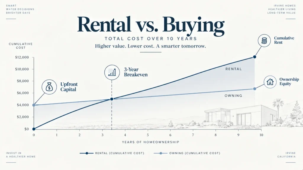 Architectural spatial timeline diagram illustrating financial crossover point for water softener rental vs. buying based on residency length.