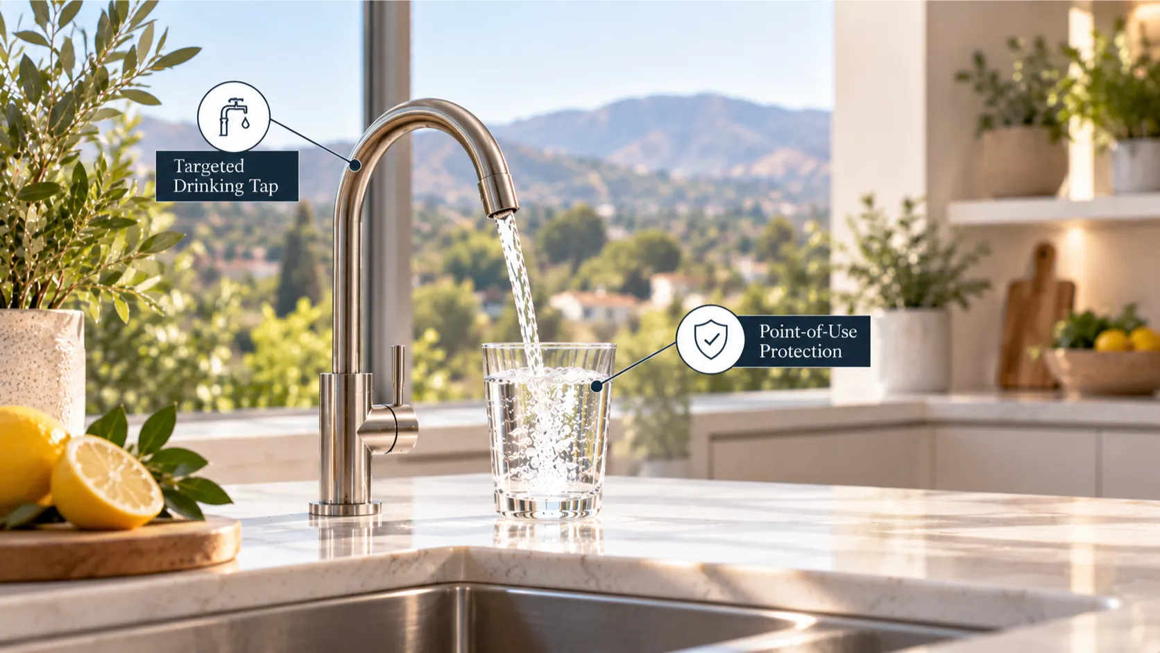 Sleek point-of-use reverse osmosis drinking water faucet installed in an Irvine kitchen.