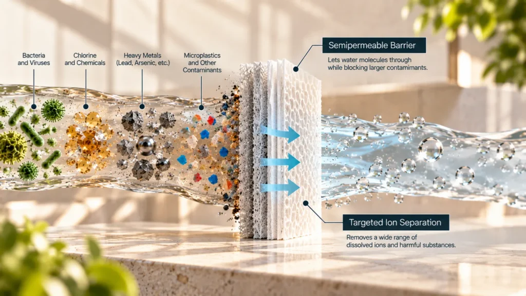 A macro texture study of semipermeable membrane material and pure water droplets, illustrating the microscopic physical process behind what does reverse osmosis remove.