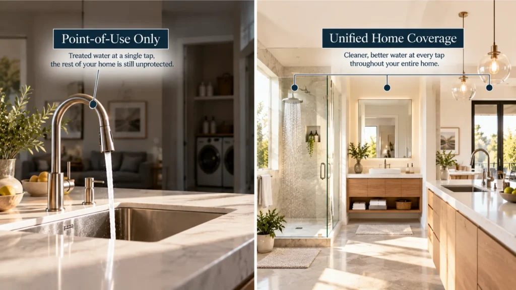 Comparative split imagery contrasting isolated under-sink kitchen filtration with complete home water coverage, demonstrating what is whole-home water filtration.