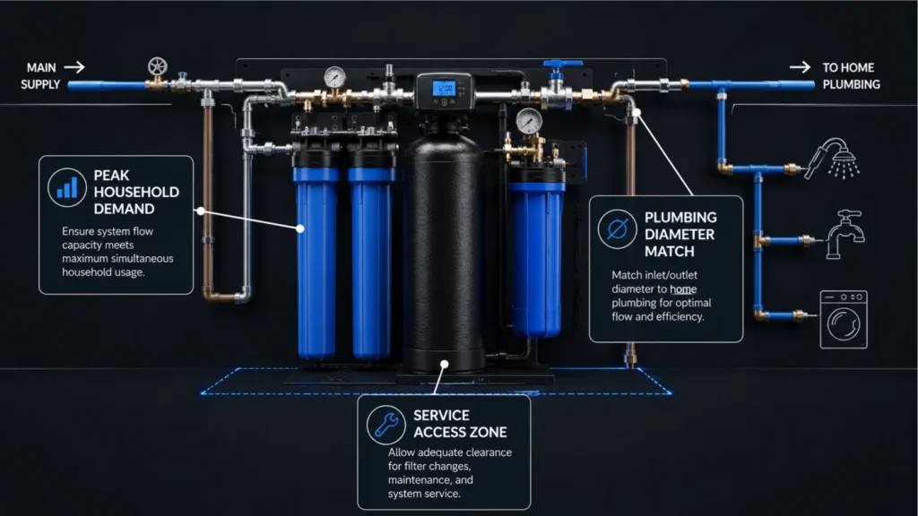 Sizing and flow rate diagnostic layout for whole-home filtration options in Irvine.
