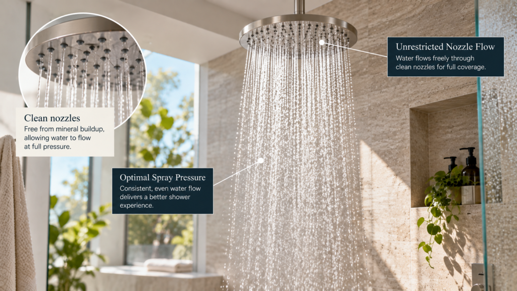 A luxury sunlit rain shower with balanced water pressure, demonstrating the ideal flow after resolving whether can mineral buildup cause low water pressure.