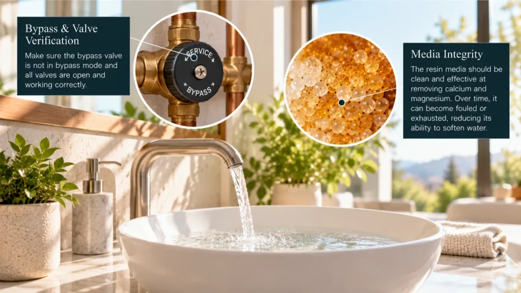 An elegant brushed nickel architectural faucet pouring water into a porcelain sink, highlighting diagnostics when water is still hard after water softener operation.